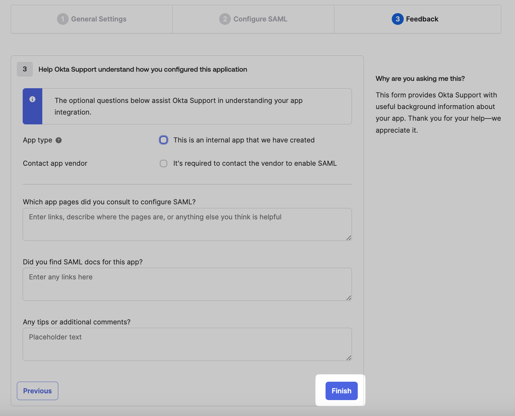 Feedback form after configuring SAML